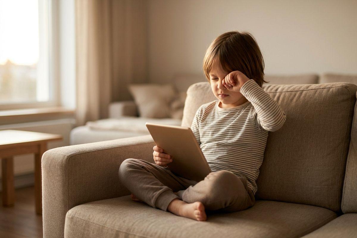 Child sitting cross-legged on a sofa holding a tablet and rubbing one eye.