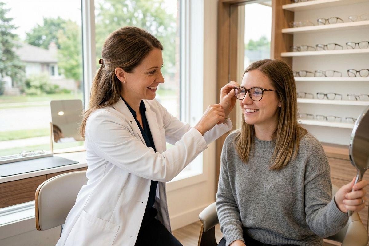 Optician fits glasses on a smiling person holding a mirror, with eyewear displayed on shelves in an optical shop.