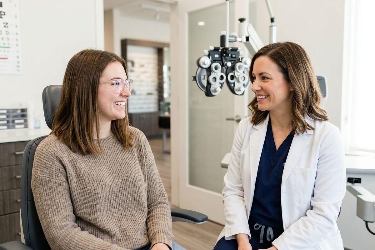 Optometrist and smiling patient talking in an eye exam room, with a phoropter and eye chart nearby.