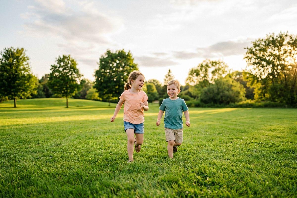 Two children running barefoot across a grassy field, laughing, with trees and sky behind them.