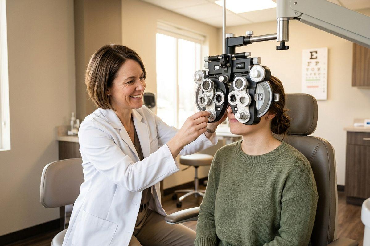 Optometrist adjusts a phoropter for a patient during an eye exam, with an eye chart on the wall behind them.