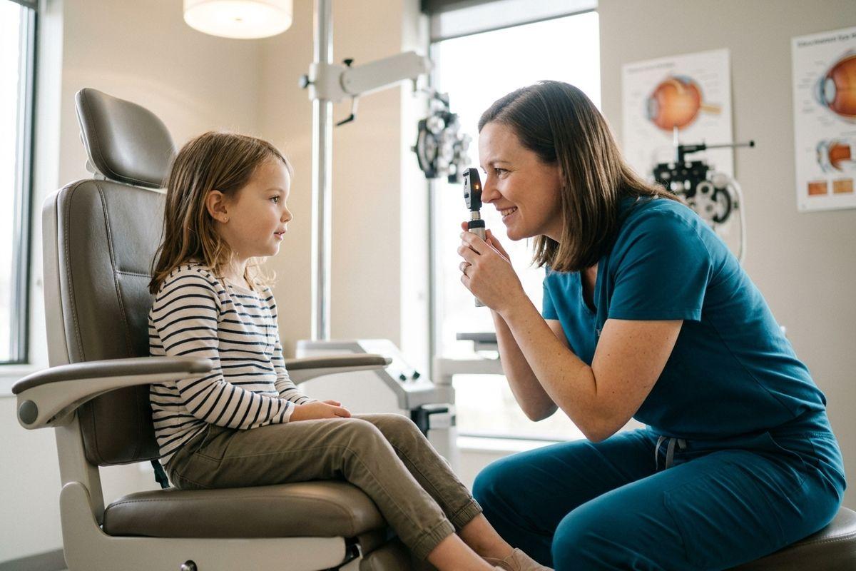 Optometrist using a handheld instrument to examine the eyes of a child seated in an exam chair.